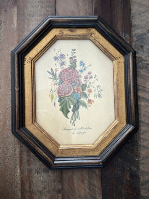 Vintage floral bouquet art print in octagonal wooden frame