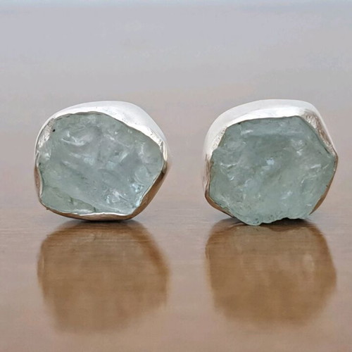Silver Earrings 925 with Raw Aquamarine Stones Handmade
