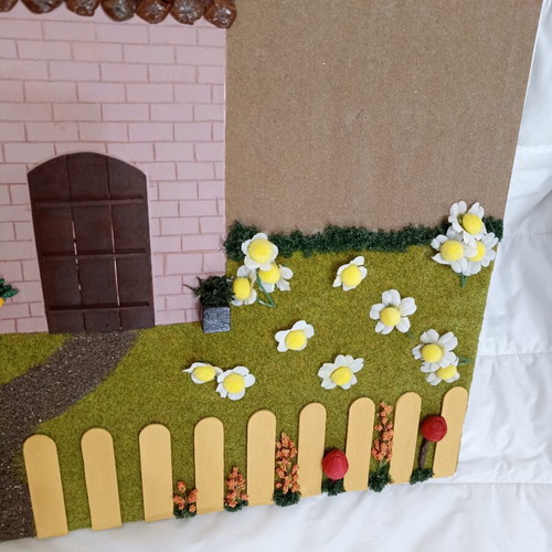 Handmade canvas painting 40x40 with house and garden