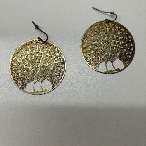 Ethnic round dangle earrings with peacocks used, gold color