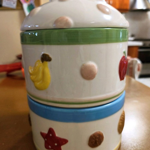Omnishop two-tier ceramic biscuit jar like new with candy-shaped lid