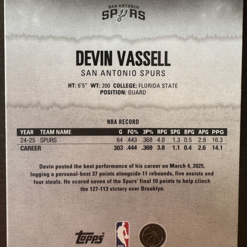 Devin Vassell Topps Signature Class #34 San Antonio Spurs basketball card like new