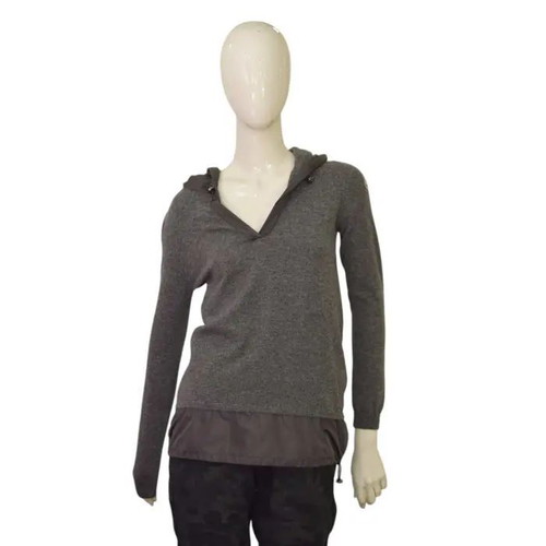 Moncler gray virgin wool knit hooded top used, size S
