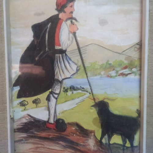 Vintage painting of Greek shepherd with dog framed, used