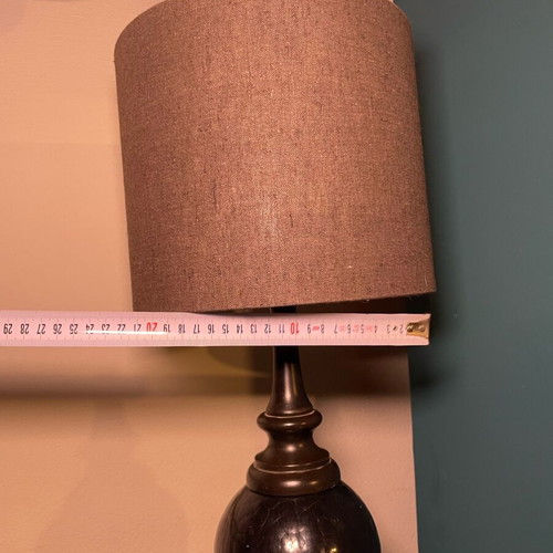 Black table lamp with glass base and gray-black shade