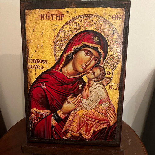 Byzantine icon of Panagia Glykofilousa 35×24 with wooden easel like new