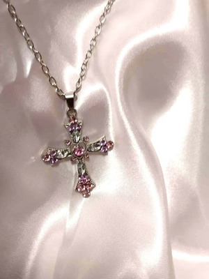 Cross with pink zircon and silver chain 45+5cm new
