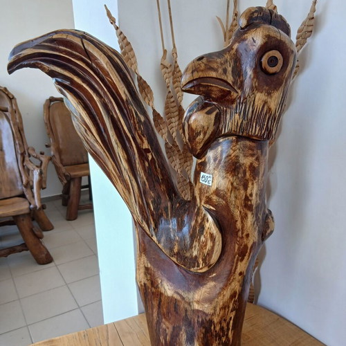 Rooster sculpture new, solid oak, 67 cm tall