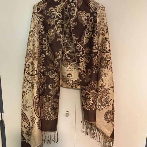 Pashmina scarf double-sided, new, gold and brown floral paisley design