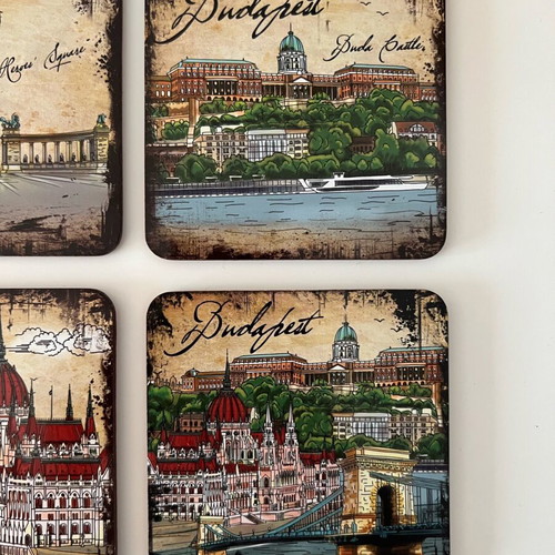 Coasters from Budapest set of 6 with cork back, new