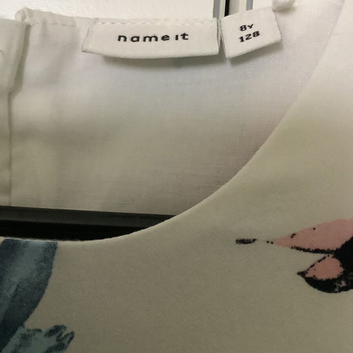 Children's dress like new with bird prints, white and blue, size 128 cm