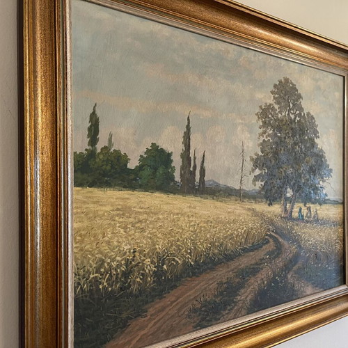 Oil painting on canvas by G. Andrikopoulos like new, traditional Greek harvest