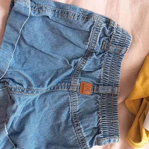 Benetton baby set 6-9m like new with denim shorts and mustard t-shirt