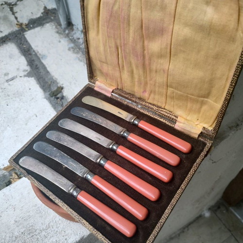 Set of EPNS small butter and caviar knives with bakelite handles in original box