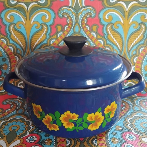 Vintage enamel pots, set of two, decorative