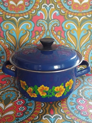 Vintage enamel pots, set of two, decorative