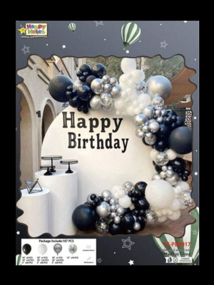 Σετ μπαλόνια για party άσπρο-μαύρο Happy Birthday 72 τεμάχια καινούργιο