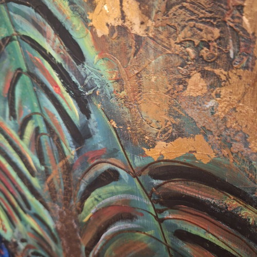 Ethnic mixed media painting on wood panel