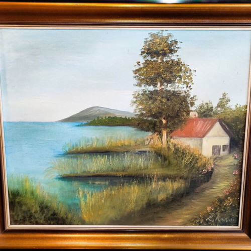 Oil painting on canvas signed by S. Loukisa, used, 70×60 cm with frame