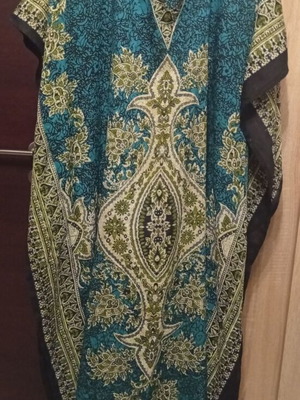 Ethnic Boho long dress kaftan, L One Size, petrol turquoise paisley