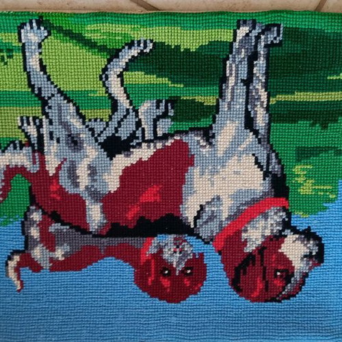 Handmade cross-stitch canvas with two dogs, like new, 48x38 cm