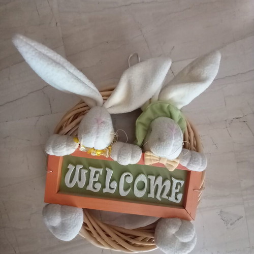 Easter Door Wreath like new with felt bunnies and wooden Welcome sign