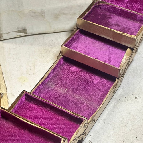 Vintage metal jewelry box with drawer mechanism and velvet lining used