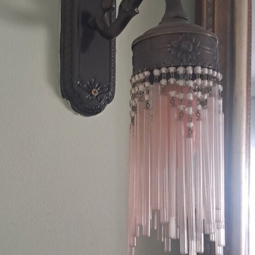 Art Nouveau-Art Deco wall sconces with pink and sky blue glass rod fringe