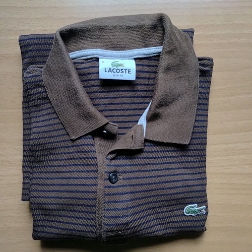 Lacoste long-sleeve polo shirt size L like new, slim fit, blue and brown