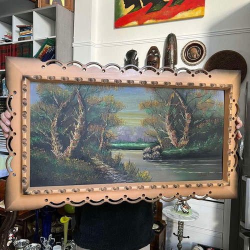 Large painting with ornate wooden frame used, signed