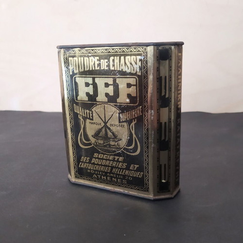 FFF hunting gunpowder tin box, Greek company EPK, 1930s