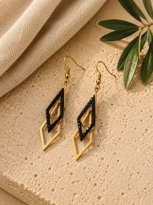 Gold earrings with black stones geometric statement design new