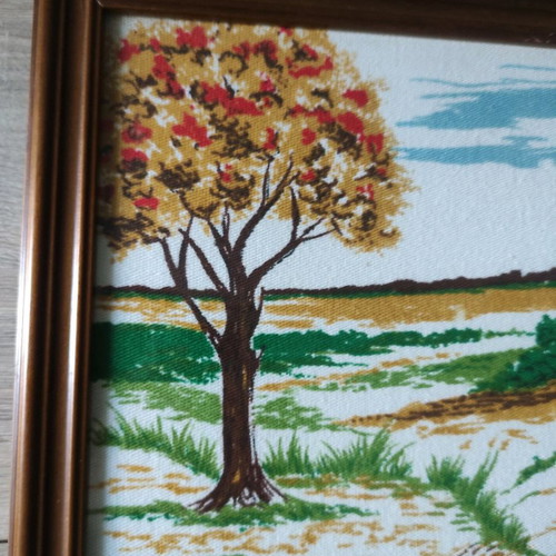 Countryside framed art used with fruit bowl on cotton fabric and wooden frame