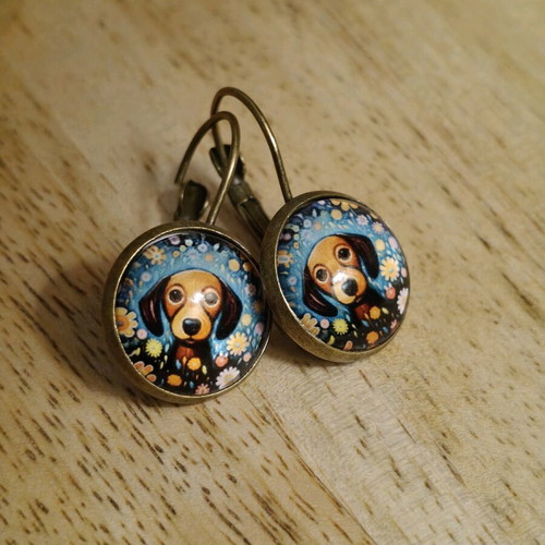 Dog 14mm dangle earrings new, multicolor
