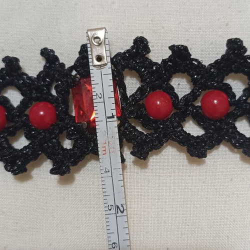 Gothic Choker Handmade Black Crochet with Red Beads and Crystal