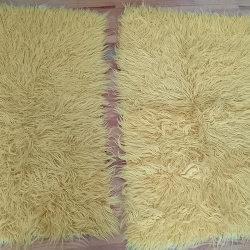 Pair of vintage flokati rugs in sunshine yellow, like new, 66×120cm