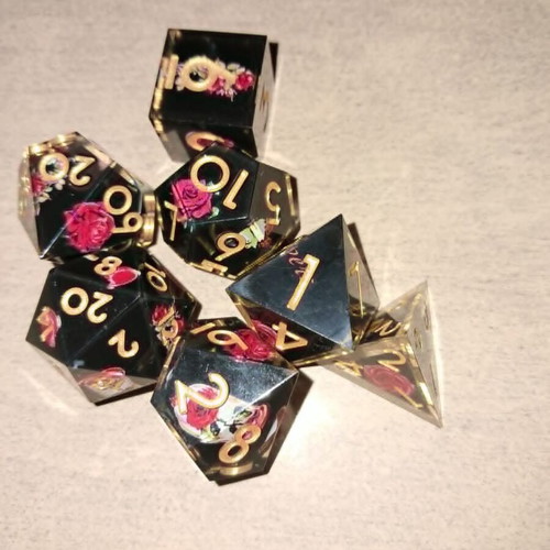 Black D&D dice set with red rose design
