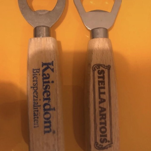 Set of 2 wooden Stella Artois and Kaiserdom collectible bottle openers, vintage 25 years