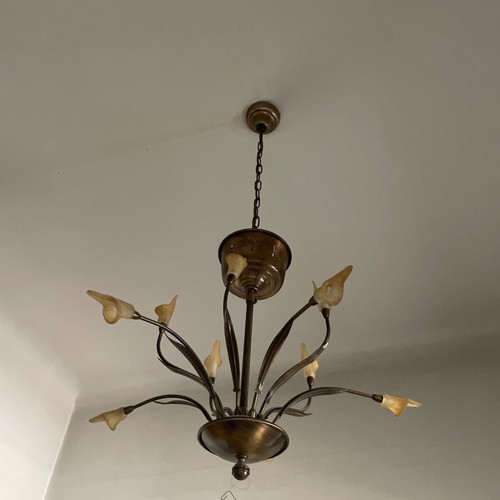 Ceiling light chandelier used, bronze frame with flower-shaped glass shades