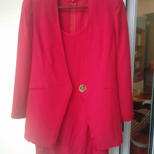 Women's vintage suit used, dress, jacket and belt, red crepe, small