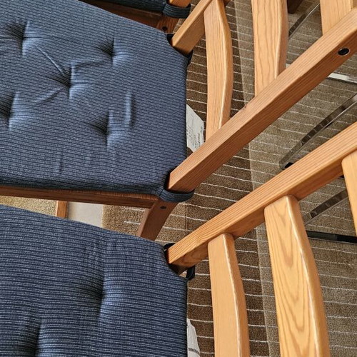 Ikea wooden chairs like new with dark blue cushions, set of four