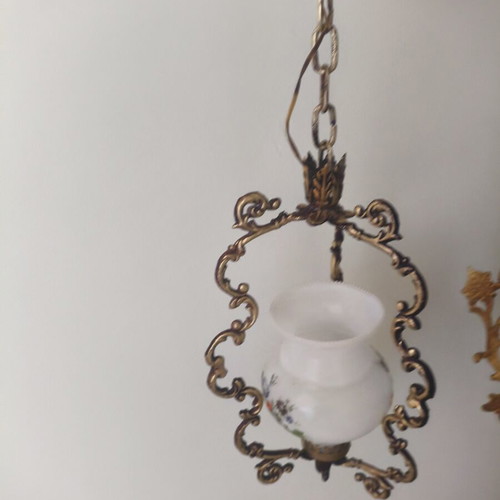 Vintage hanging ceiling lights, set of 2, brass and opaline