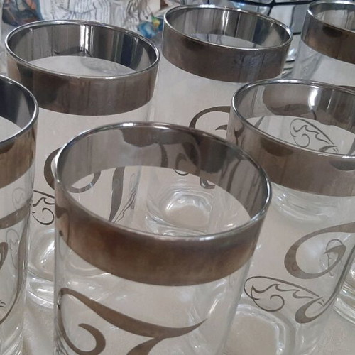 Water glasses used with monogram T, set of 7, silver