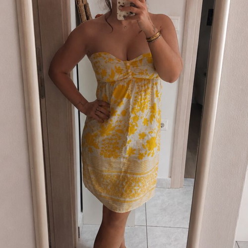 Summer strapless dress with side zip, like new, white and yellow