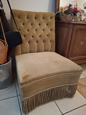 Pair of Vintage Boudoir Chairs Olive Velvet with Fringe used