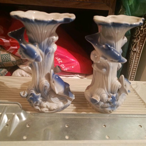 Vintage '80s dolphin vases like new, porcelain, set of 2