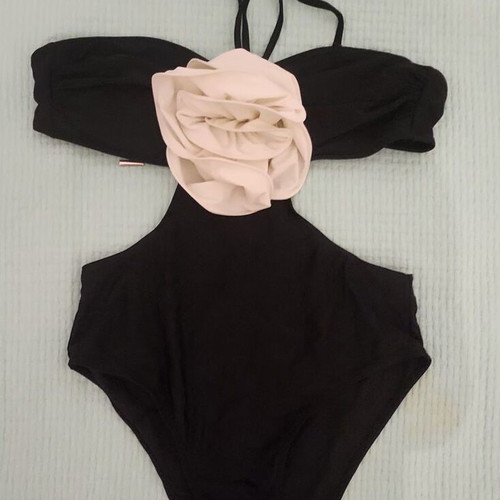 Black Cut-Out One-Piece Swimsuit with White 3D Flower, Like New, Size M/L