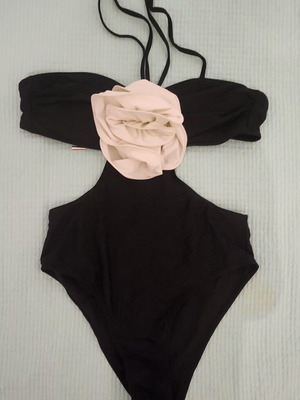 Black Cut-Out One-Piece Swimsuit with White 3D Flower, Like New, Size M/L