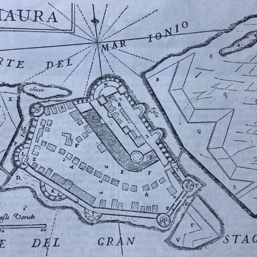 Woodcut reproduction of Lefkada map by Coronelli 1686 used 1910 11x15cm