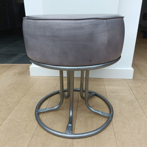 Art Sensation grey leather pouf with metal base